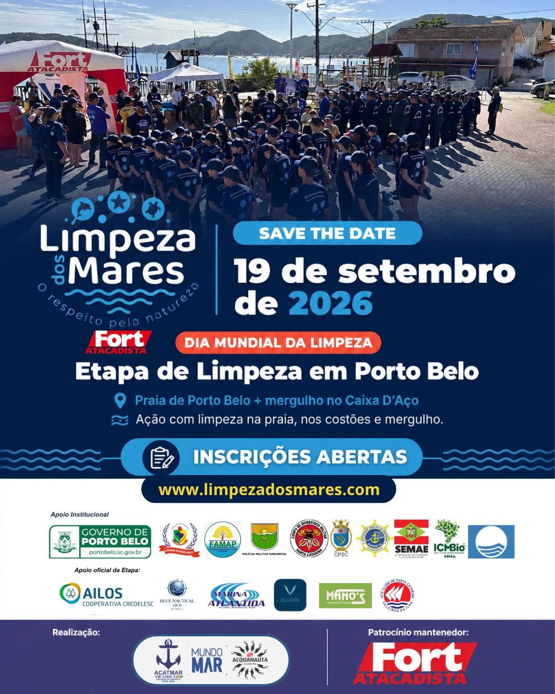 Save the date: etapa do Limpeza dos Mares em Porto Belo, 19 de setembro de 2026, Dia Mundial da Limpeza